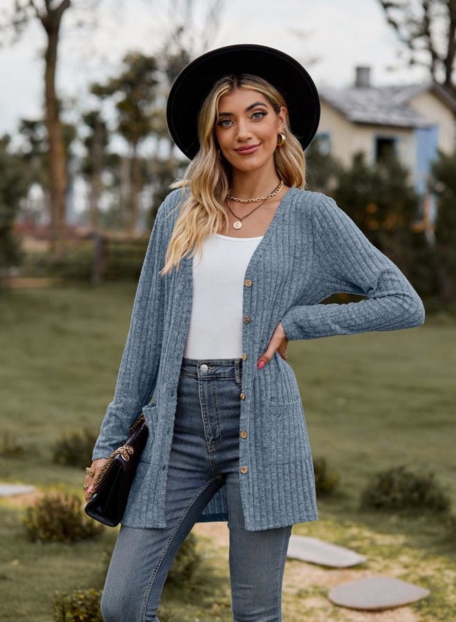 Witsmile Cardigans for Women Trendy Lightweight Open Front Knit Casual Long Cardigan Outwear with Pockets(Grayish Blue, X-Large) - Image 3