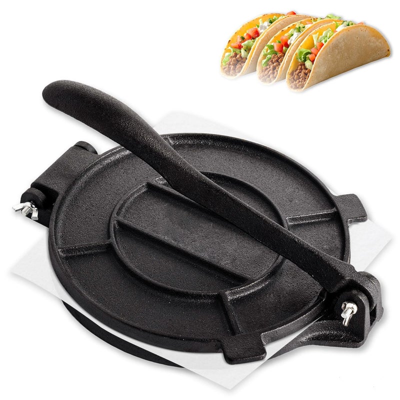 NSIRONS Cast Iron Tortilla Press 12 inch, Heavy Duty Tortilla Pataconera, Flour Tortilla Press with Foldable Handle, Taco press with Some Parchment Paper, Roti Maker, Black - Image 1