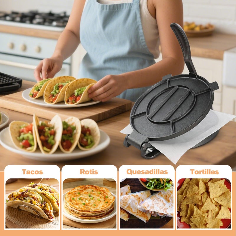 NSIRONS Cast Iron Tortilla Press 12 inch, Heavy Duty Tortilla Pataconera, Flour Tortilla Press with Foldable Handle, Taco press with Some Parchment Paper, Roti Maker, Black - Image 4