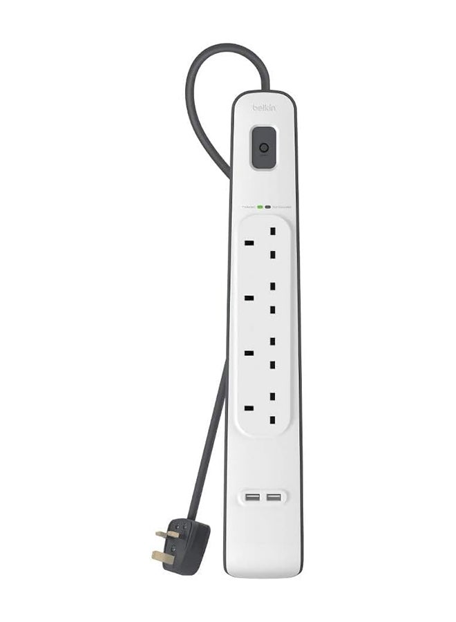 belkin 4 Way/4 Plug Surge Protection Strip With 2 Meters Cord Length - Heavy Duty Electrical Extension Socket with 2 x 2.4 A Shared USB Ports , White , BSV401ar2M  - Image 3