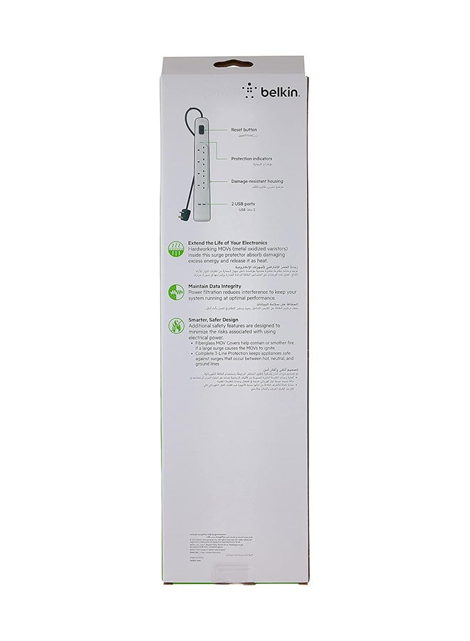 belkin 4 Way/4 Plug Surge Protection Strip With 2 Meters Cord Length - Heavy Duty Electrical Extension Socket with 2 x 2.4 A Shared USB Ports , White , BSV401ar2M  - Image 2