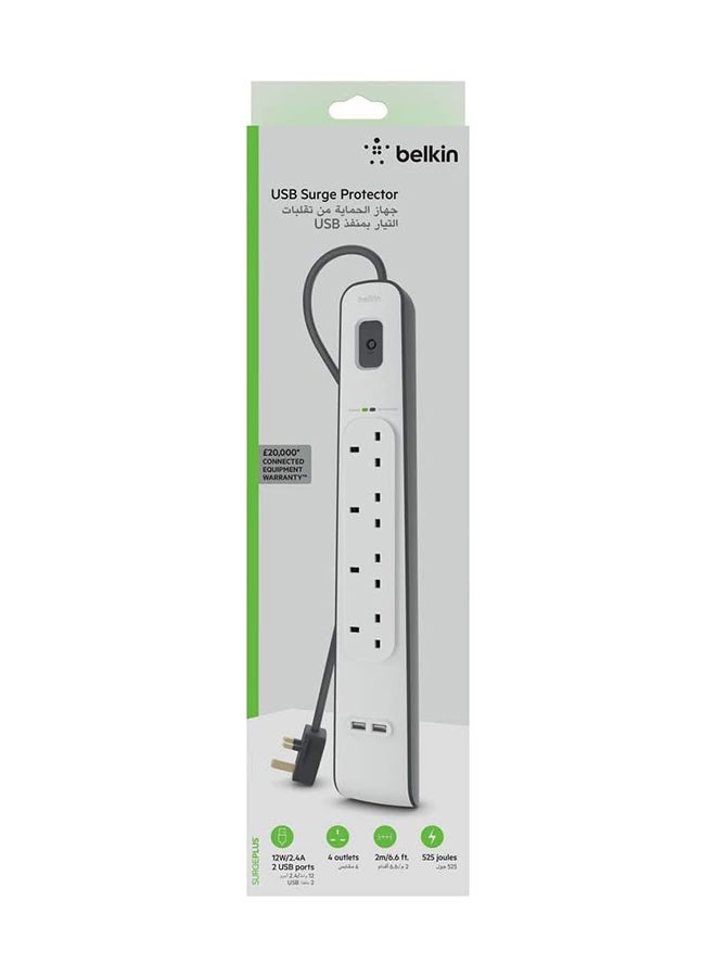 belkin 4 Way/4 Plug Surge Protection Strip With 2 Meters Cord Length - Heavy Duty Electrical Extension Socket with 2 x 2.4 A Shared USB Ports , White , BSV401ar2M  - Image 1