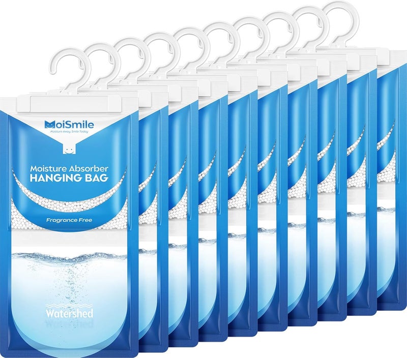 Moismile Moisture Absorbers 10 Pack Fragrance Free, Hanging Closet Dehumidifier Bags, Humidity Absorber, Compact Eliminates Odors Humidity Packs for Car, Bathroom, Bedroom, Basement, 9.8OZ - Image 1