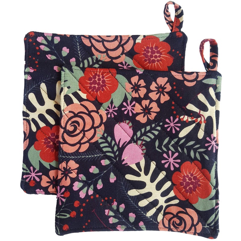 CUSHYSTORE Canvas Pot Holder Oven Pads Potholders Navy Blue for Cooking Kitchen 7.75""  2 Pack (Exotic Flower) - Image 1