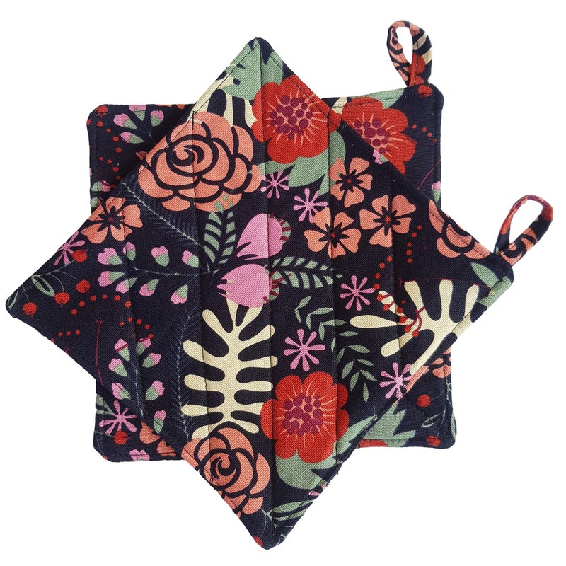 CUSHYSTORE Canvas Pot Holder Oven Pads Potholders Navy Blue for Cooking Kitchen 7.75""  2 Pack (Exotic Flower) - Image 2