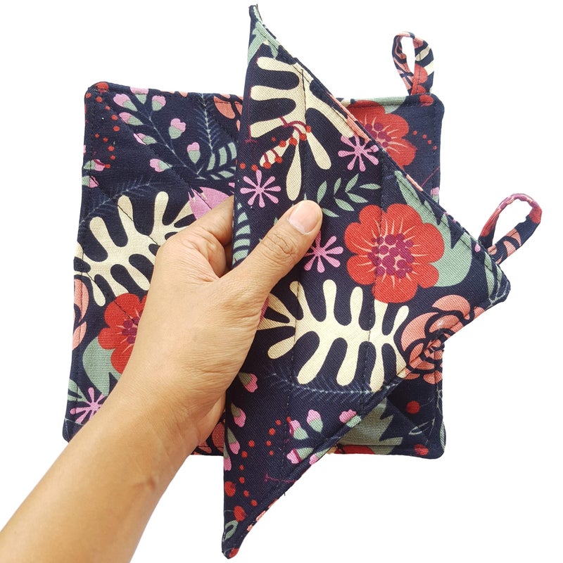 CUSHYSTORE Canvas Pot Holder Oven Pads Potholders Navy Blue for Cooking Kitchen 7.75""  2 Pack (Exotic Flower) - Image 3