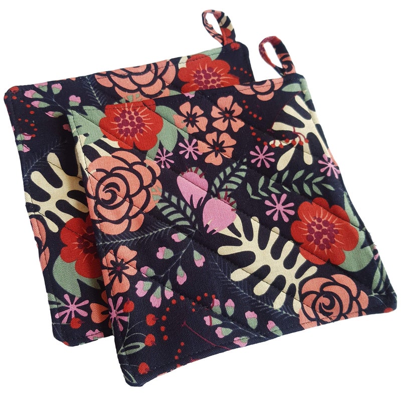 CUSHYSTORE Canvas Pot Holder Oven Pads Potholders Navy Blue for Cooking Kitchen 7.75""  2 Pack (Exotic Flower) - Image 4
