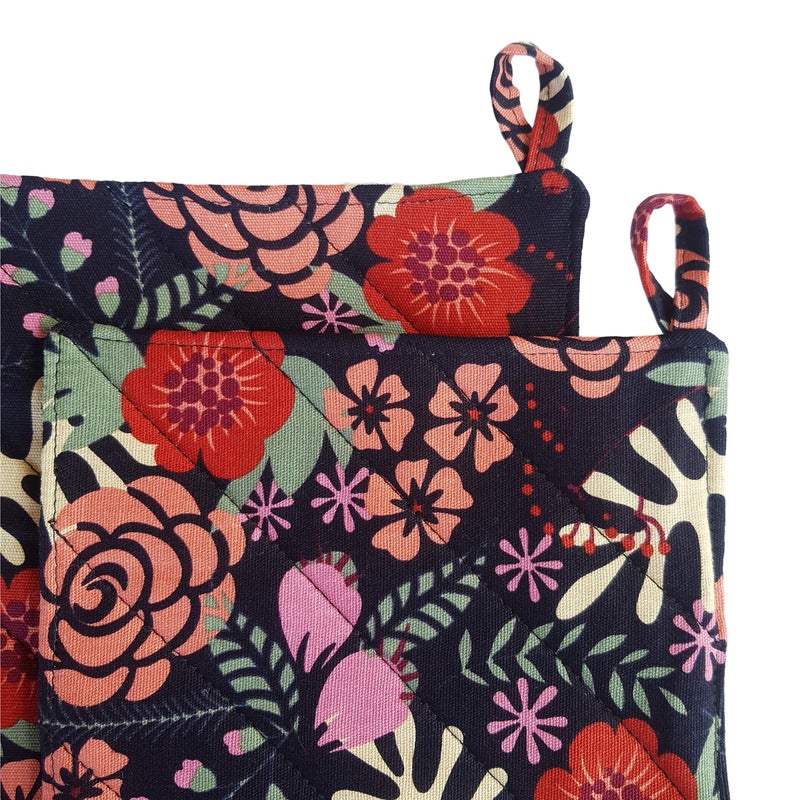 CUSHYSTORE Canvas Pot Holder Oven Pads Potholders Navy Blue for Cooking Kitchen 7.75""  2 Pack (Exotic Flower) - Image 5