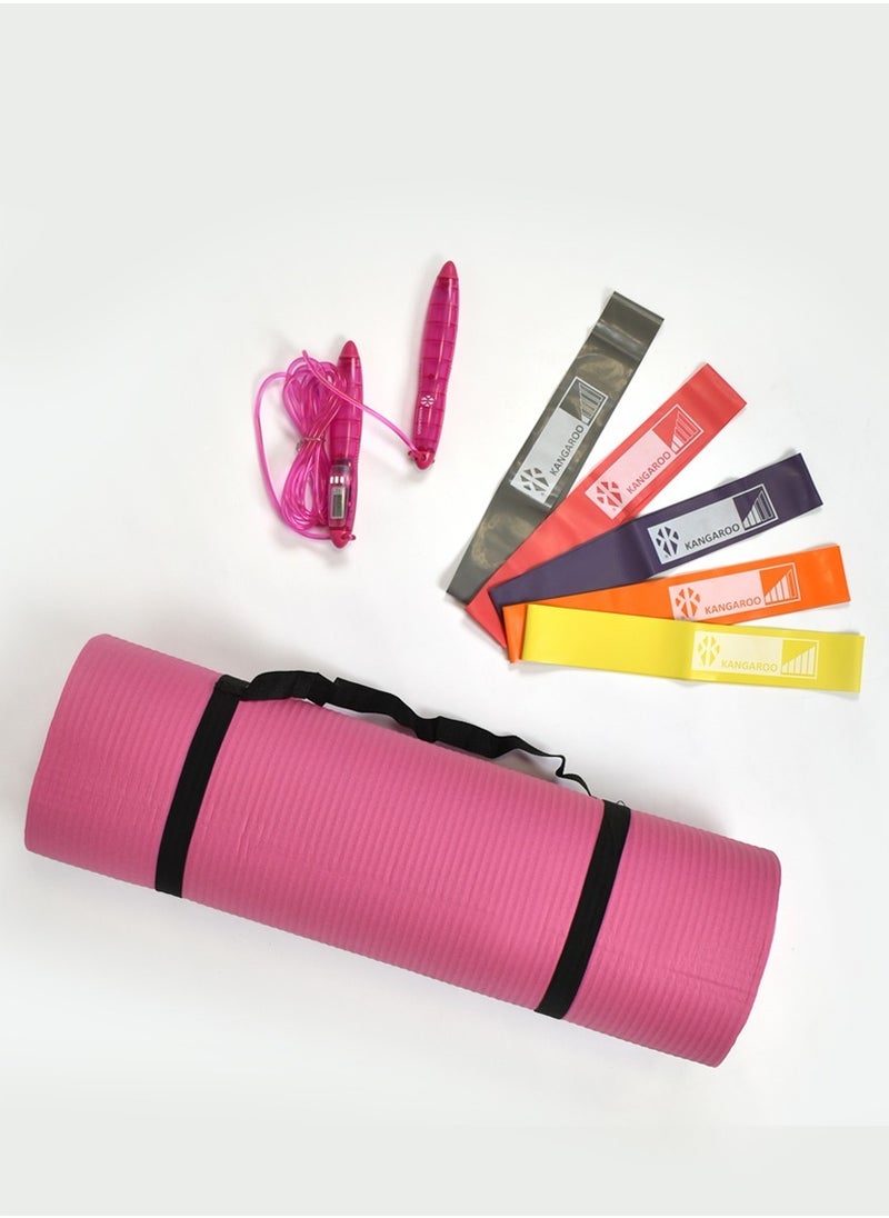 KANGAROO - 15mm exercise mattress with digital jumping rope and resistance band loops set 5 levels of rubber - Image 1