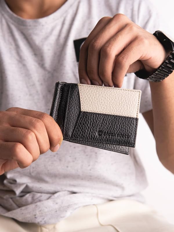 Bacca Bucci Slim Genuine Leather Wallet with Money Clipper Black and White - Image 2