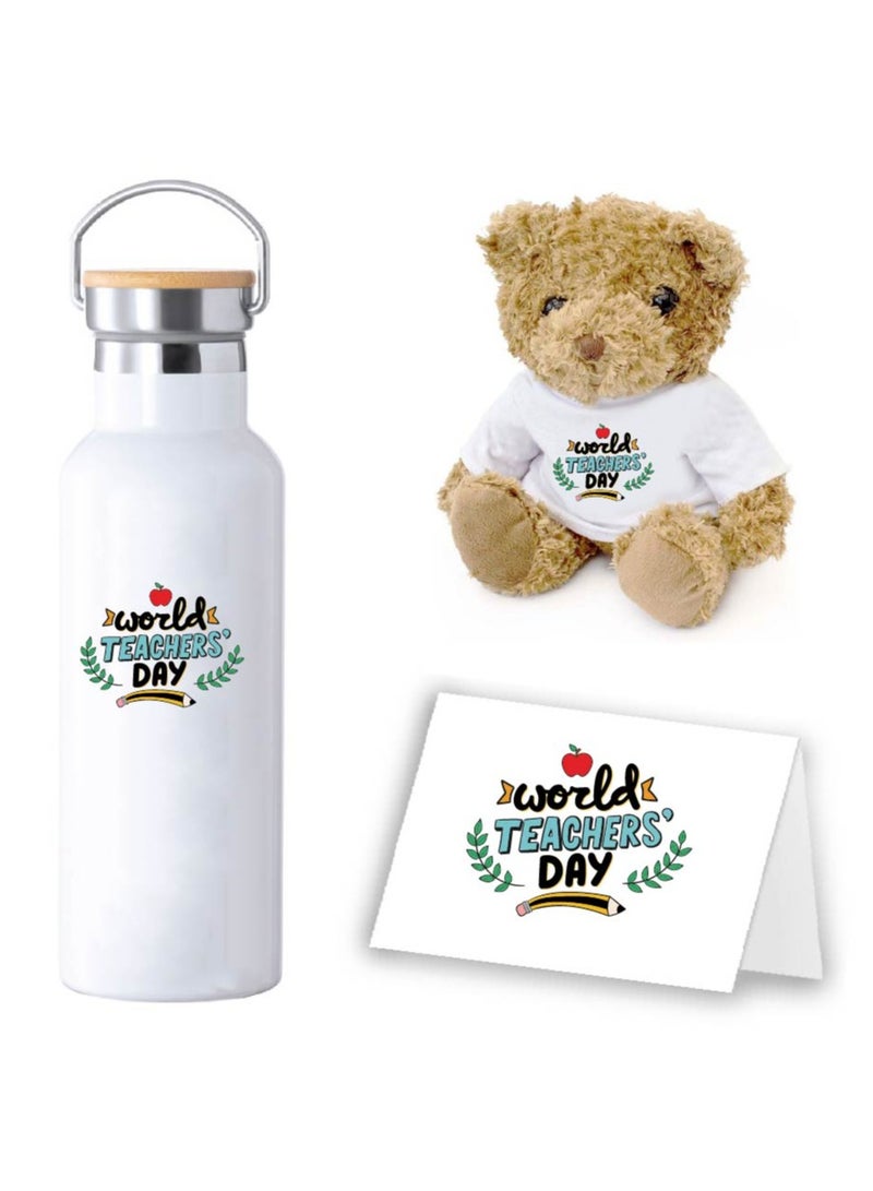 PRINTSHOP4ME Teacher's Day Pack of 3 Combo Pack - Stainless Steel Bamboo Cap Flask Bottle 600ml, Teddy Bear and Greeting Card - Teacher's Day Gift Set - Gift for World Teachers Day - Image 1