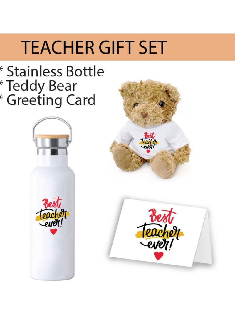 PRINTSHOP4ME Teacher's Day Pack of 3 Combo Pack - Stainless Steel Bamboo Cap Flask Bottle 600ml, Teddy Bear and Greeting Card - Teacher's Day Gift Set - Gift for World Teachers Day - Image 2