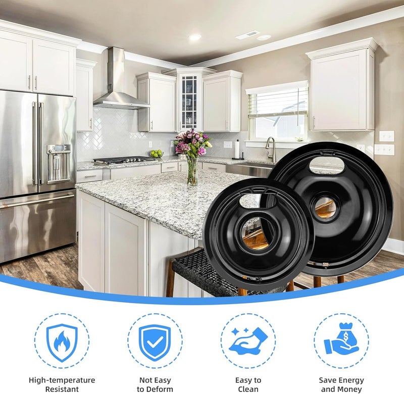 APPLIANCEMATES Black Stove Burner Drip Pans Replacement for Whirlpool Amana Crosley Electric Range, Stove Top Drip Bowls Includes 1 Large 8-Inch W10290353 and 3 Small 6-Inch W10290350 by - Image 5