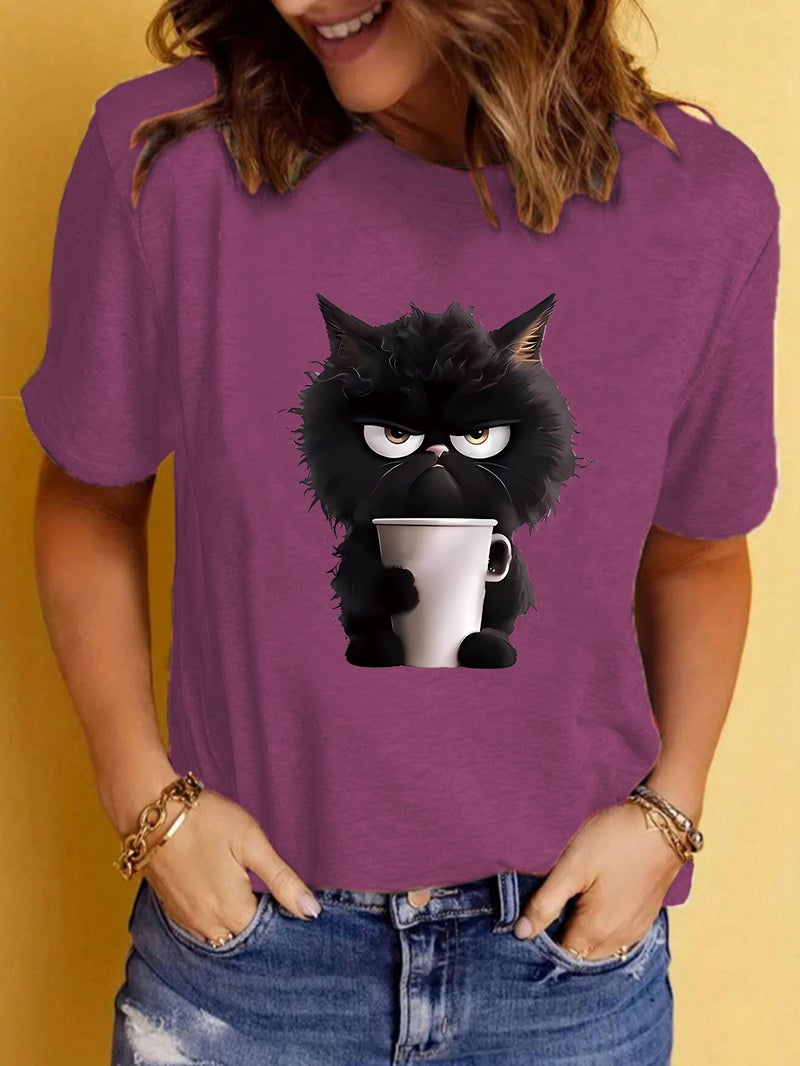 Summer Women'S Cat Cup Pattern Printing Round Neck Short Sleeve Casual Fashion Explosion T-Shirt - Image 3