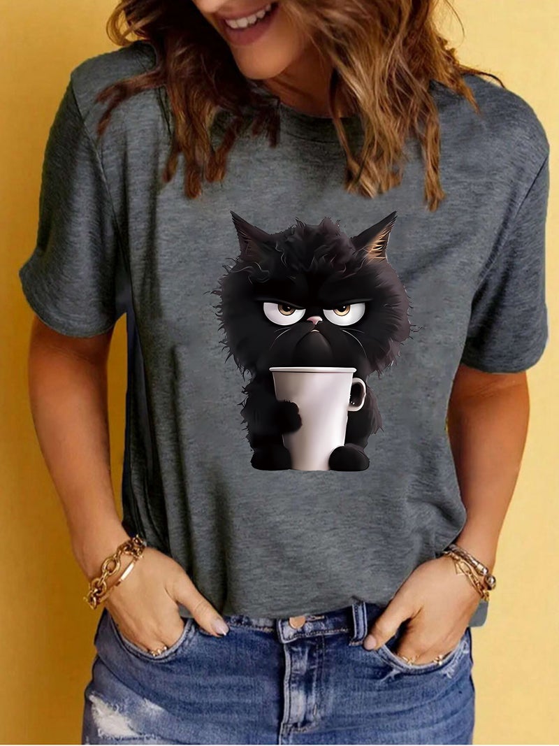 Summer Women'S Cat Cup Pattern Printing Round Neck Short Sleeve Casual Fashion Explosion T-Shirt - Image 5
