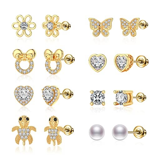 TOPBRIGHT 8 Pairs S925 Sterling Silver Stud Earrings Hypoallergenic Earrings with 18k Gold Plated Heart CZ Tiny Butterfly For Kids, Toddlers, Little Girls, Teens, Women - Image 1