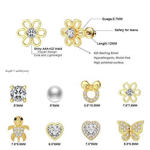 TOPBRIGHT 8 Pairs S925 Sterling Silver Stud Earrings Hypoallergenic Earrings with 18k Gold Plated Heart CZ Tiny Butterfly For Kids, Toddlers, Little Girls, Teens, Women - Image 4