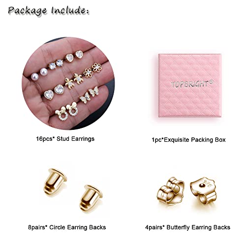 TOPBRIGHT 8 Pairs S925 Sterling Silver Stud Earrings Hypoallergenic Earrings with 18k Gold Plated Heart CZ Tiny Butterfly For Kids, Toddlers, Little Girls, Teens, Women - Image 2