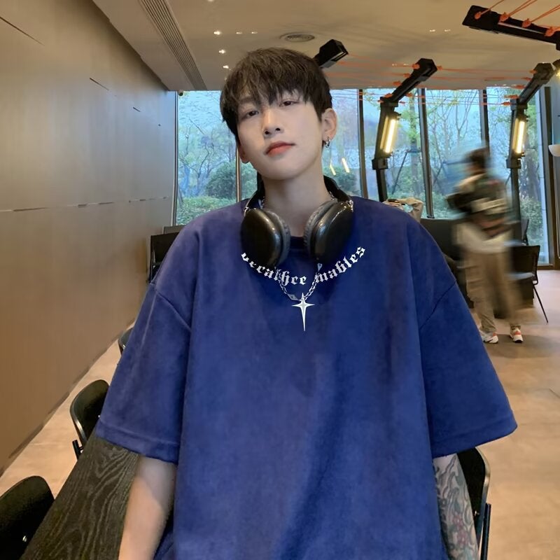 American-Style Suede Short-Sleeved T-Shirt Men'S 2024 Ins Fashionable Ruffian Handsome Letters Printed Round Neck Half-Sleeve Interior - Image 4
