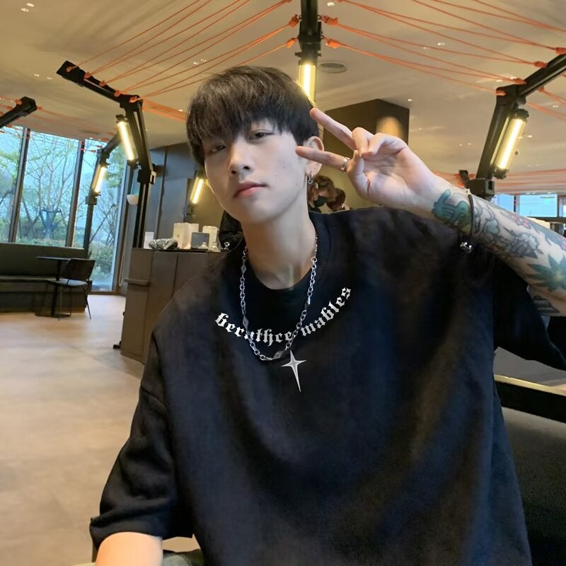 American-Style Suede Short-Sleeved T-Shirt Men'S 2024 Ins Fashionable Ruffian Handsome Letters Printed Round Neck Half-Sleeve Interior - Image 5