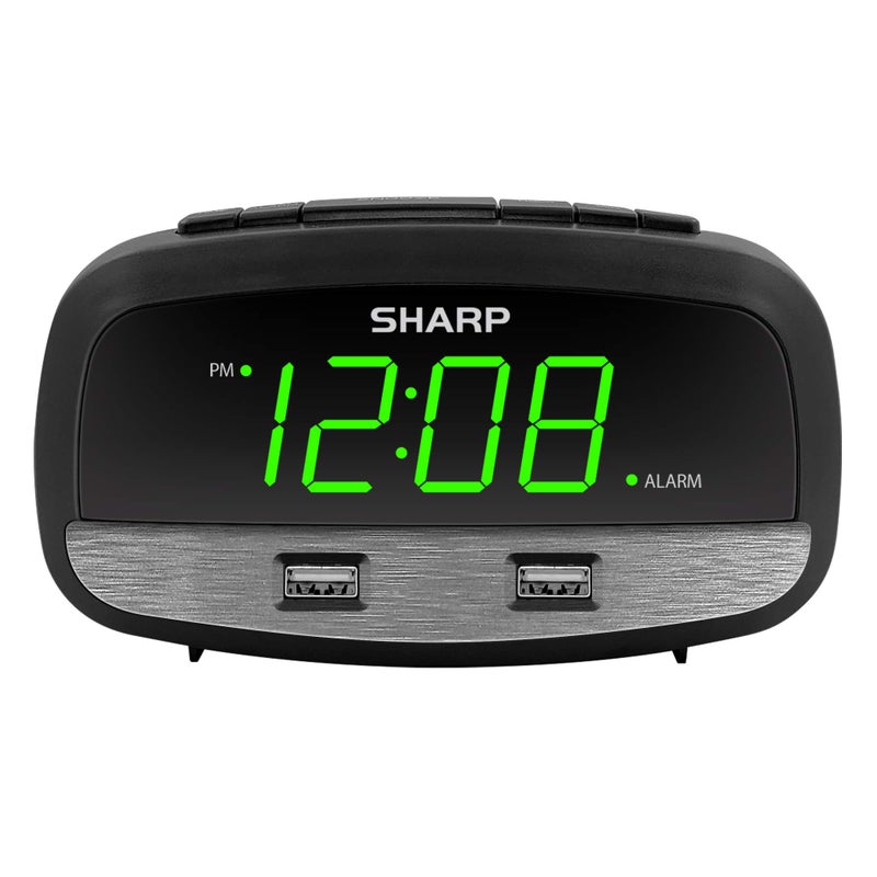 Sharp Digital Clock with Alarm and Dual USB FastCharge Charging Ports  Charge Your Phone Bedside  Battery Backup  Easy to Use  Green Display