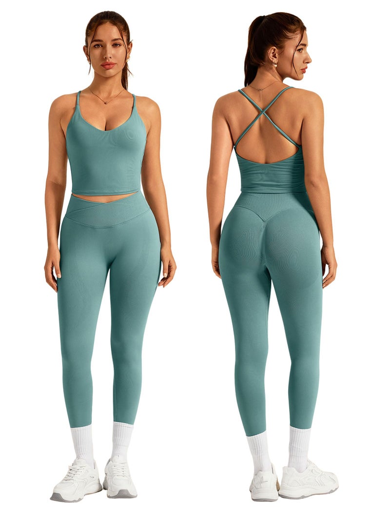 ABOCIW Workout Sets for Women 2 Piece Seamless V Neck Strappy Tank Top with Bra Crossover Waist Scrunch Butt Lifting Leggings Gym Sets Yoga Pilates Outfits Work Out Clothes Rain Small - Image 2