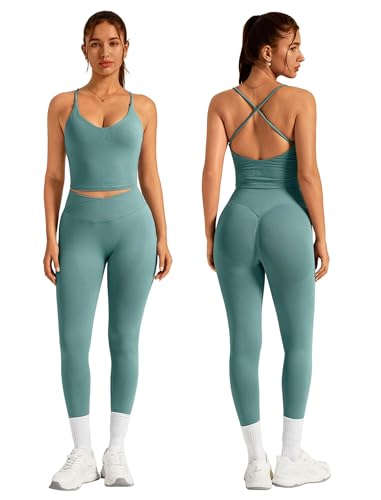 ABOCIW Workout Sets for Women 2 Piece Seamless V Neck Strappy Tank Top with Bra Crossover Waist Scrunch Butt Lifting Leggings Gym Sets Yoga Pilates Outfits Work Out Clothes Rain Small - Image 1