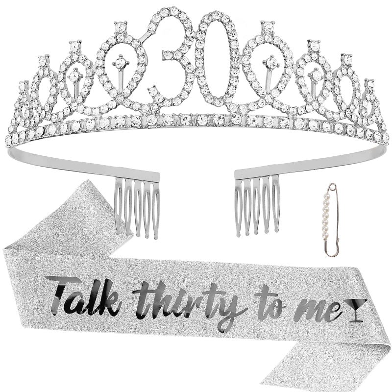 Happy 30th Birthday Sash Tiara Kit Silver Rhinestone Tiara Sash for Womens 30th Birthday Party Decorations