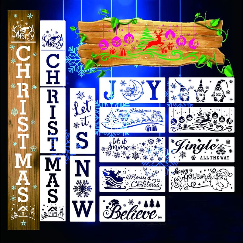 QSZKeer 14Pcs Christmas Stencils for Painting on Wood, Reusable Christmas Front Porch Sign Stencils, Xmas Drawing Templates, Merry Christmas/ Joy/ Believe/ Gnome/ Snowflake Stencil for Christmas DIY Crafts - Image 1
