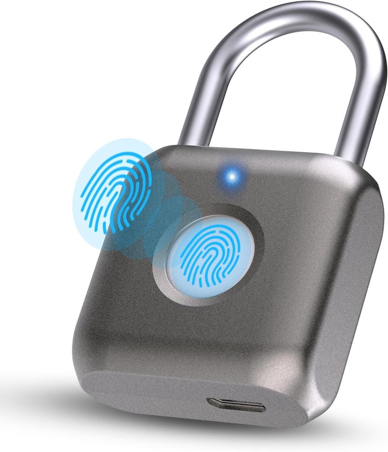 Pothunder Fingerprint Smart Padlock Lock, Biometric Metal Keyless Thumbprint Lock, Waterproof, USB Rechargeable, for Gym Locker, School Locker, Luggage, Backpack, Suitcase(Gray) - Image 1