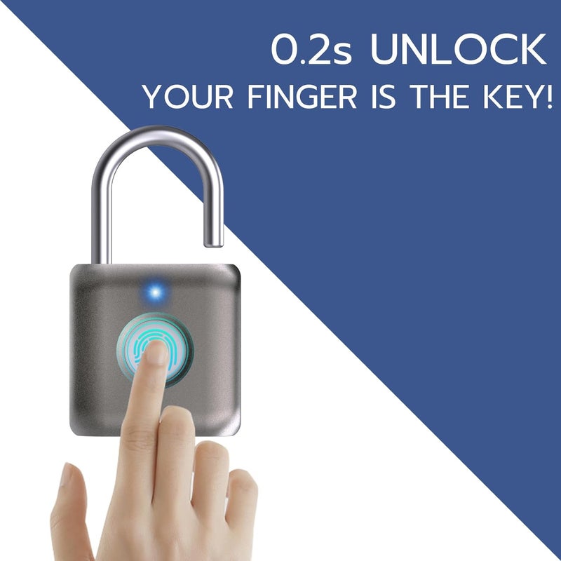 Pothunder Fingerprint Smart Padlock Lock, Biometric Metal Keyless Thumbprint Lock, Waterproof, USB Rechargeable, for Gym Locker, School Locker, Luggage, Backpack, Suitcase(Gray) - Image 2