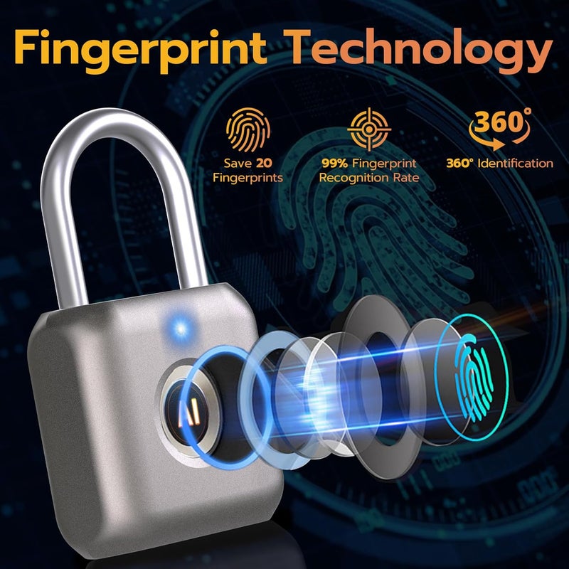 Pothunder Fingerprint Smart Padlock Lock, Biometric Metal Keyless Thumbprint Lock, Waterproof, USB Rechargeable, for Gym Locker, School Locker, Luggage, Backpack, Suitcase(Gray) - Image 3