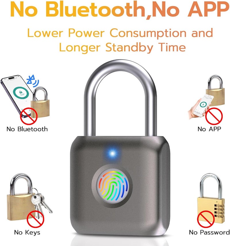 Pothunder Fingerprint Smart Padlock Lock, Biometric Metal Keyless Thumbprint Lock, Waterproof, USB Rechargeable, for Gym Locker, School Locker, Luggage, Backpack, Suitcase(Gray) - Image 4