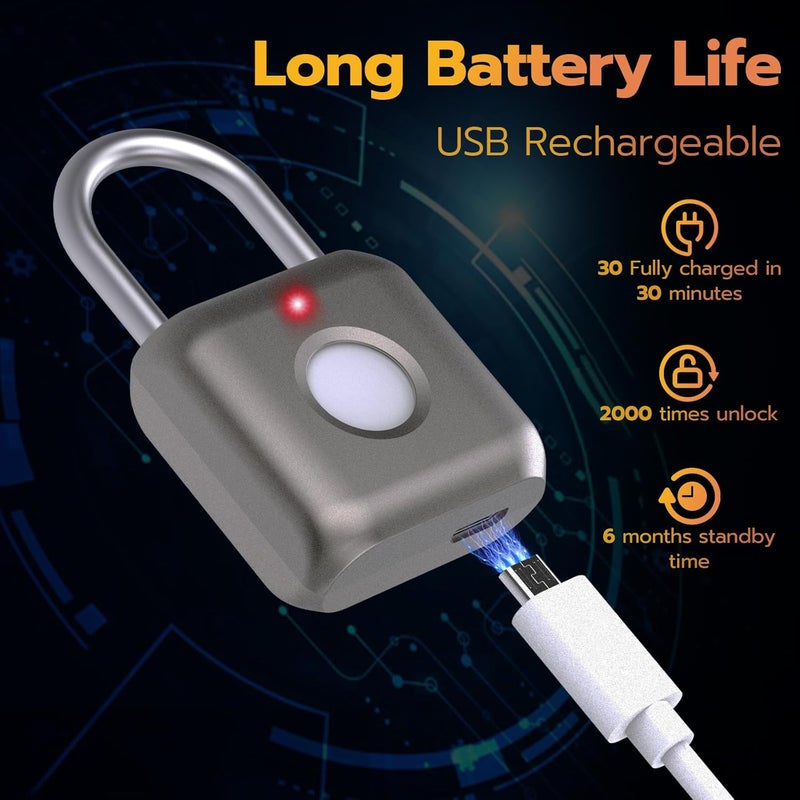 Pothunder Fingerprint Smart Padlock Lock, Biometric Metal Keyless Thumbprint Lock, Waterproof, USB Rechargeable, for Gym Locker, School Locker, Luggage, Backpack, Suitcase(Gray) - Image 5
