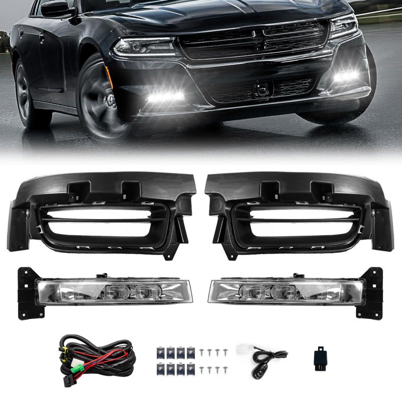 Shocklight LED Fog Lights Fit for 2015 2016 2017 2018 2019 2020 Dodge Charger A Pair of Front Bumper Fog Lamps with Switch and Wiring Harness Clear Lens