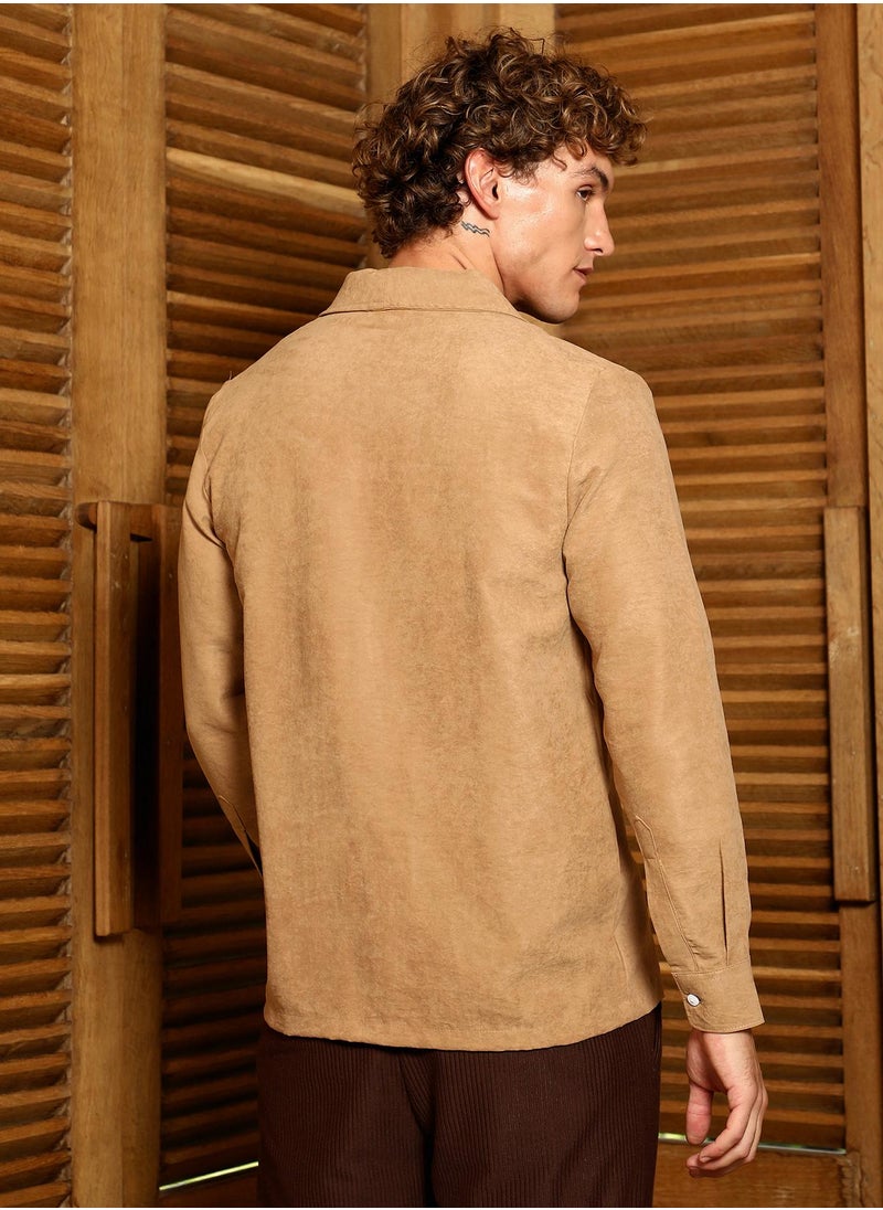 Campus Sutra Campus Sutra Men's Tan Brown Solid Shawl Collar Oversized Shirt For Casual Wear | Shawl Collar | Long Cuffed Sleeves | Button Closure | Oversized Shirt Crafted With Comfort Fit For Everyday Wear  - Image 5