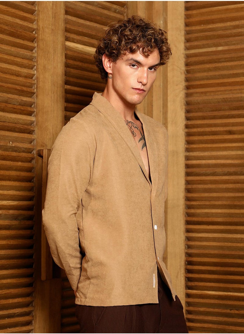 Campus Sutra Campus Sutra Men's Tan Brown Solid Shawl Collar Oversized Shirt For Casual Wear | Shawl Collar | Long Cuffed Sleeves | Button Closure | Oversized Shirt Crafted With Comfort Fit For Everyday Wear  - Image 3