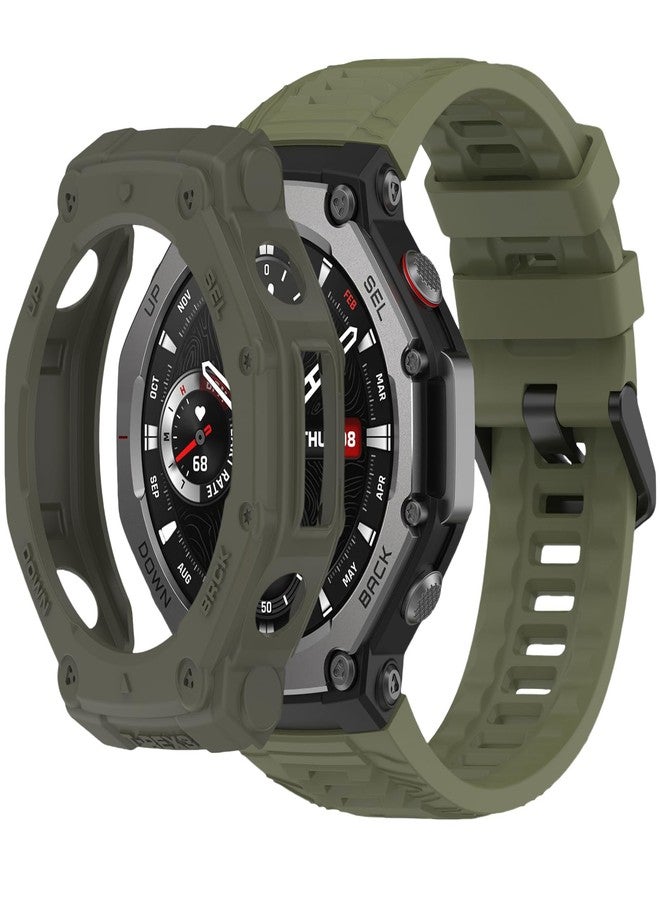 QHBAMD Silicone Band with Case Compatible with Amazfit T-REX3, Soft Breathable Strap Cover, for Men and Women (Jungle Green) - Image 1