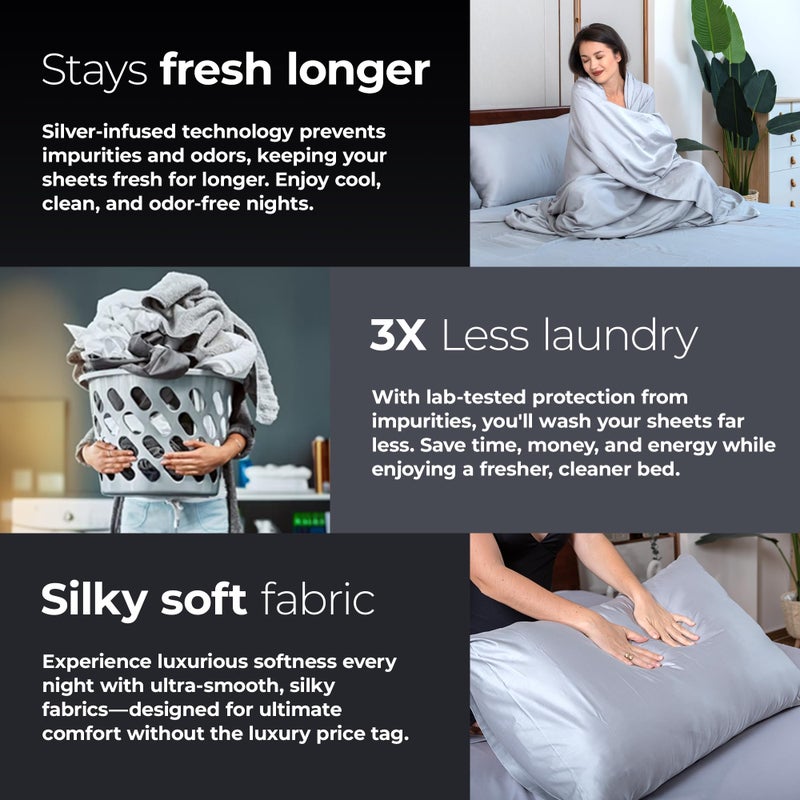 Silvery Silver Infused Bed Sheets Set - Award-Winning Self-Cooling Fabric with Self-Cleaning Silvery Technologyâ„¢ That Stays Fresh 3X Longer for Hygienic Sleep (Gray, Queen) - Image 5