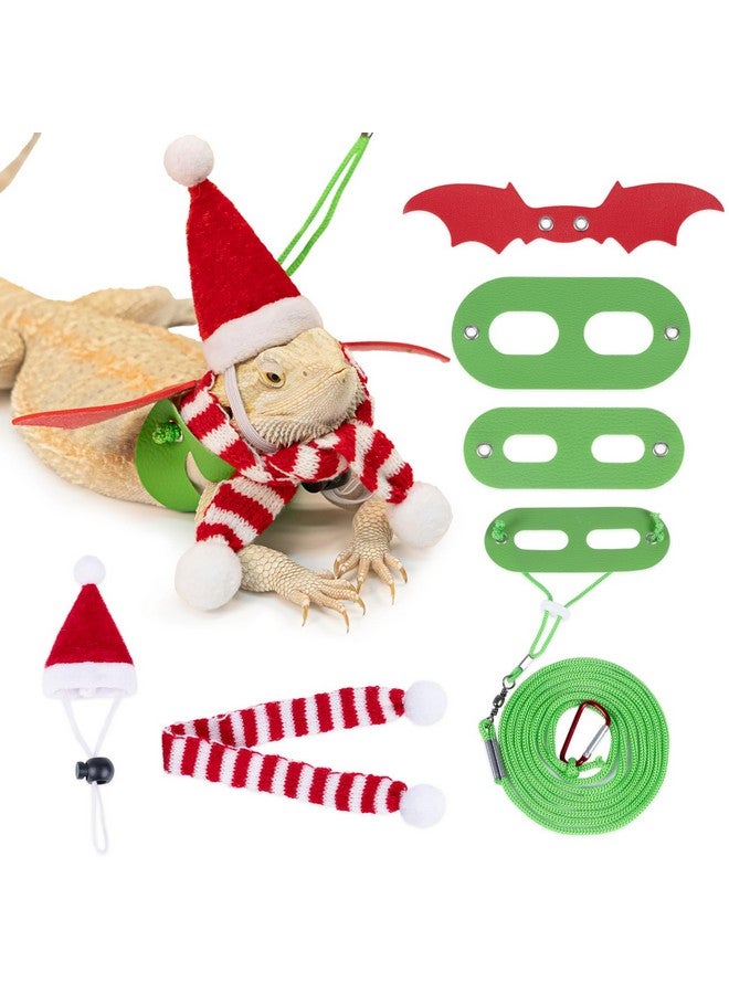 Wodison Christmas Bearded Dragon Costume Set with Santa Hat Scarf Adjustable Wings Lizard Leash Harness Reptile Leopard Gecko Christmas Cosplay Accessories(Red White) - Image 1