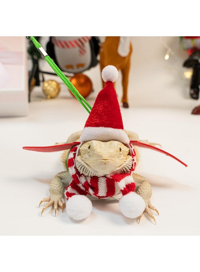 Wodison Christmas Bearded Dragon Costume Set with Santa Hat Scarf Adjustable Wings Lizard Leash Harness Reptile Leopard Gecko Christmas Cosplay Accessories(Red White) - Image 3