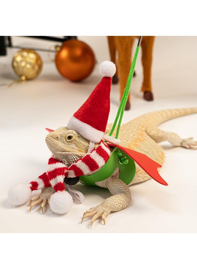 Wodison Christmas Bearded Dragon Costume Set with Santa Hat Scarf Adjustable Wings Lizard Leash Harness Reptile Leopard Gecko Christmas Cosplay Accessories(Red White) - Image 2