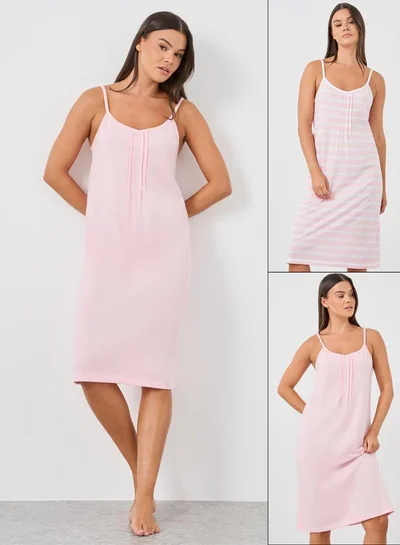 Styli Pack of 2 - Solid and Striped Pintuck Detail Slip Dress