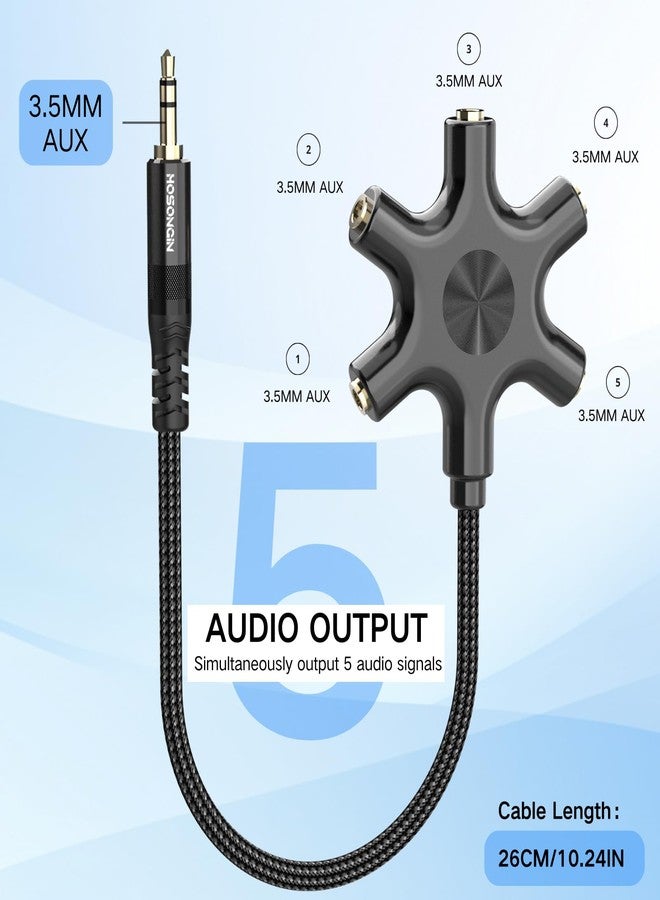 HOSONGIN 5-Way Headphone Splitter - 3.5mm Audio Sharing Hub with Braided Cable & Gold-Plated Connectors - Compatible with Smartphones Tablets Laptops MP3 Players - Perfect for Travel School Family Fun - Image 2