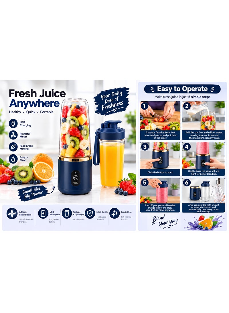 400ml Portable Electric Blender & Juicer Cup, USB Rechargeable Personal Smoothie Maker with 6 Stainless Steel Blades - Image 3