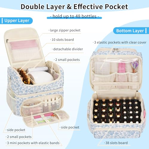 CUBETASTIC Nail Polish Organizer & Storage Bag for 48 Bottles & Full-Size Lamp, Double-Layer Travel Case Box for Nail Supplies, Manicure Kit & Pedicure Tools (Blue Floral, 48 Slots) - Image 2