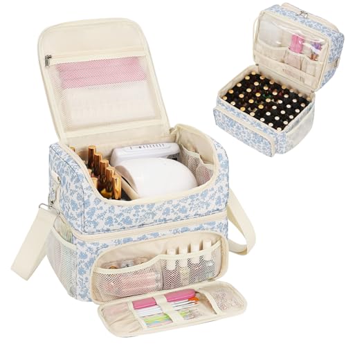 CUBETASTIC Nail Polish Organizer & Storage Bag for 48 Bottles & Full-Size Lamp, Double-Layer Travel Case Box for Nail Supplies, Manicure Kit & Pedicure Tools (Blue Floral, 48 Slots) - Image 1