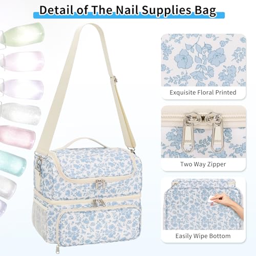 CUBETASTIC Nail Polish Organizer & Storage Bag for 48 Bottles & Full-Size Lamp, Double-Layer Travel Case Box for Nail Supplies, Manicure Kit & Pedicure Tools (Blue Floral, 48 Slots) - Image 5