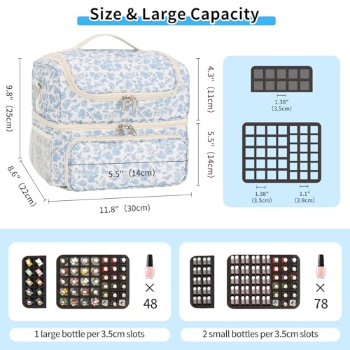 CUBETASTIC Nail Polish Organizer & Storage Bag for 48 Bottles & Full-Size Lamp, Double-Layer Travel Case Box for Nail Supplies, Manicure Kit & Pedicure Tools (Blue Floral, 48 Slots) - Image 4