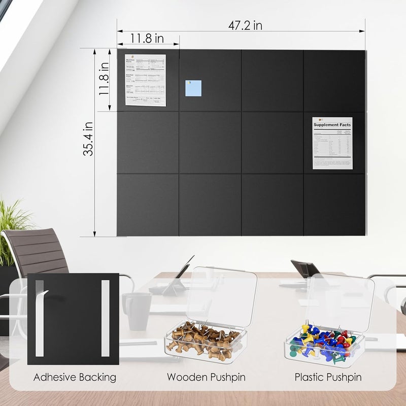 MaxGear Large Cork Board Alternative 47"X35", 12 Pack Felt Wall Tiles With 80 Pushpins,Cork Boards For Walls Cork Board For Office Pin Board Tack Board Cork Board (Black) - Image 4